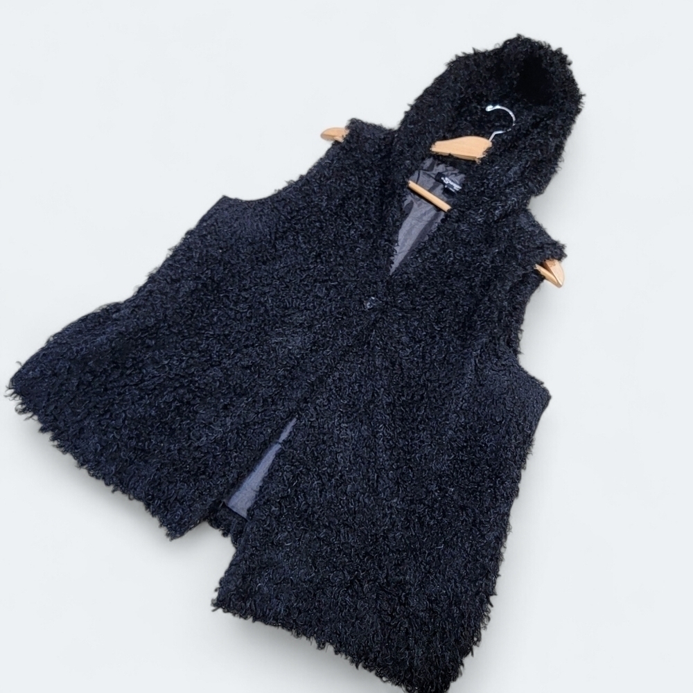 Sharagano Black Hoodie Vest Fuzzy Faux Fur Size Large